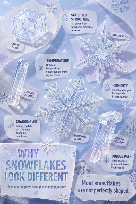 Educational paper-cut winter visual with five snow crystal forms: simple plate, stellar plate, slender columns, branched dendrite, capped column, and frosted text labels.