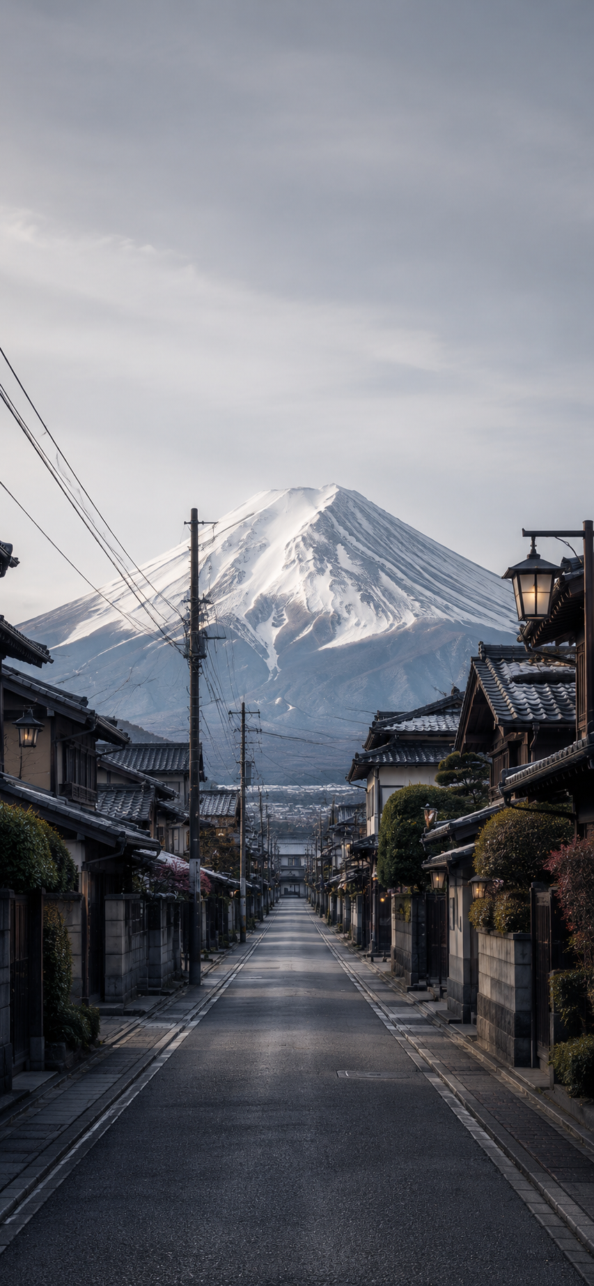 Vertical winter street scene with traditional houses and utility poles leading toward a massive snow-covered mountain beneath a pale gray sky.