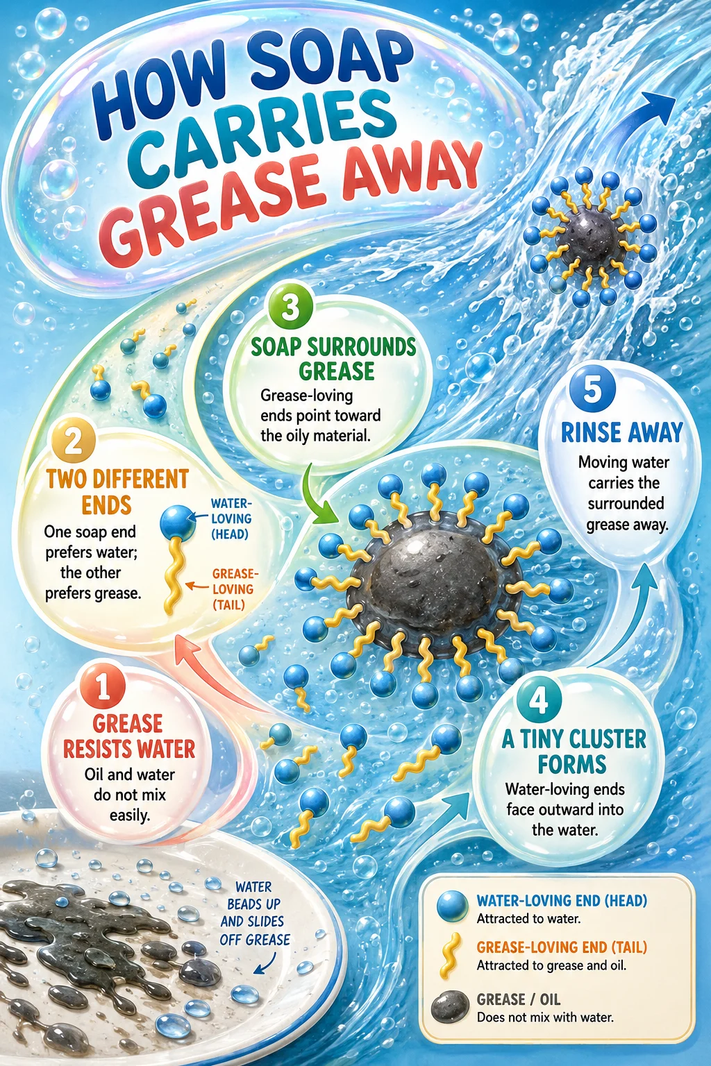 Playful 3D educational visual showing a greasy plate, soap molecules surrounding a grease droplet, and rinsing water carrying the cluster away through a curved bubble sequence.