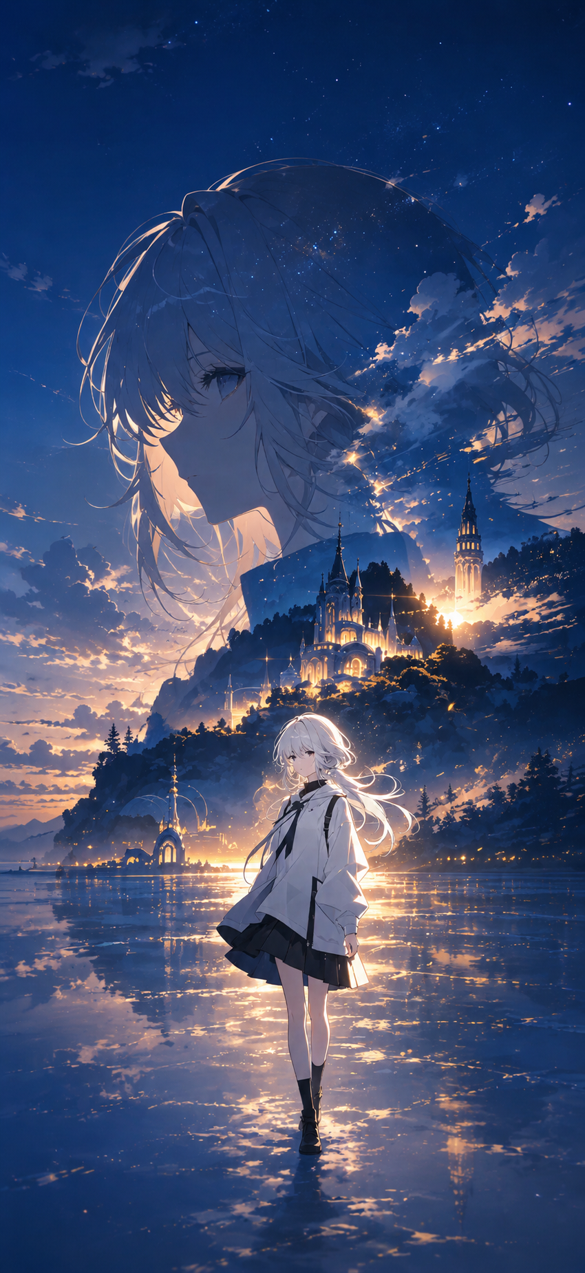 Silver-white-haired anime girl walking through reflective water beneath a glowing fantasy castle with a large translucent character profile and blue evening sky