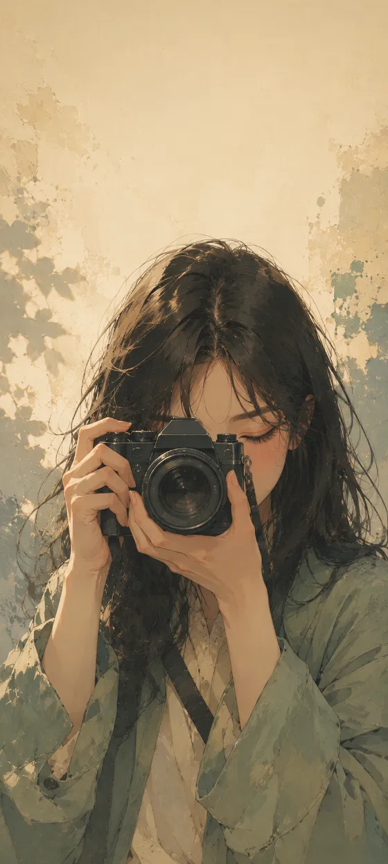 Anime-style young woman with long dark hair holding a vintage camera against a warm cream painterly background.
