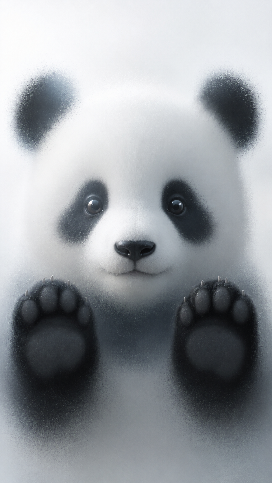 Soft black-and-white panda close-up with raised paws behind a misty translucent surface.