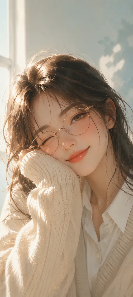 Anime-style young woman with glasses winking softly in bright window light, wearing cream knitwear and a white shirt.