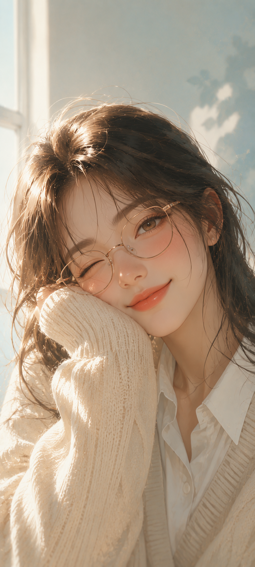 Anime-style young woman with glasses winking softly in bright window light, wearing cream knitwear and a white shirt.