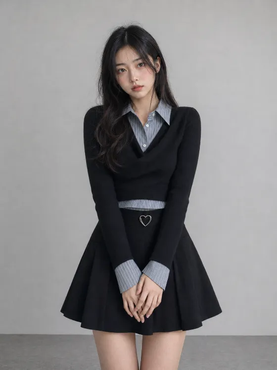 Young woman in layered black cropped top and striped shirt with black flared mini skirt against muted gray studio wall.