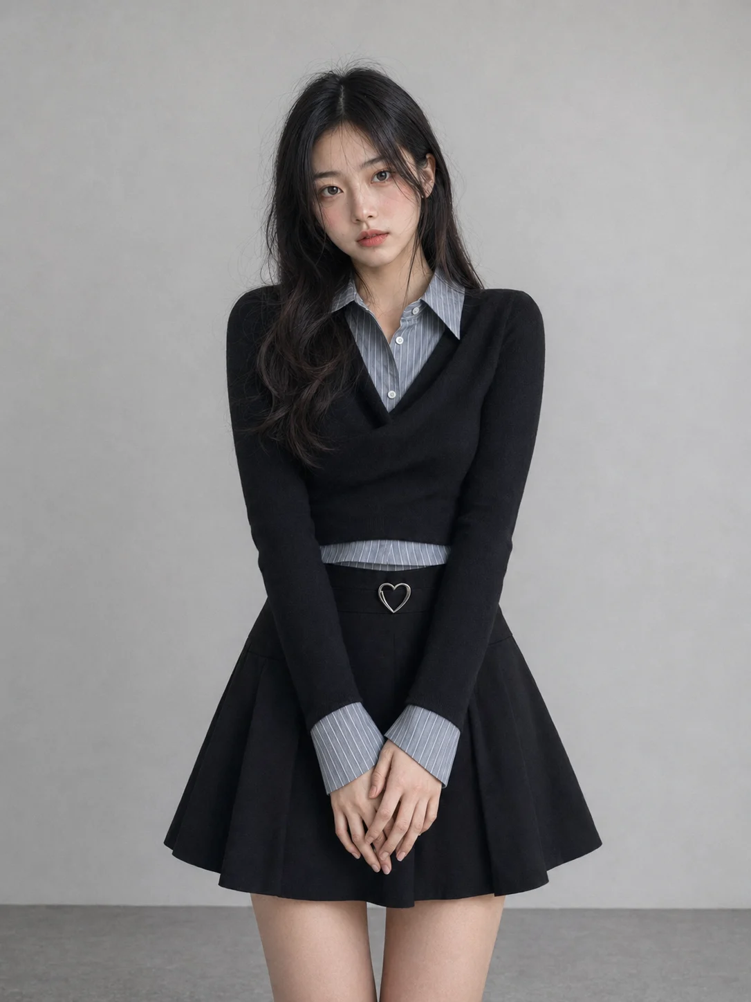 Young woman in layered black cropped top and striped shirt with black flared mini skirt against muted gray studio wall.
