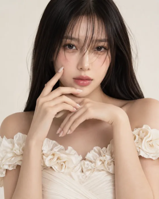 High-key close beauty portrait with wispy dark bangs, hands framing the face, soft pink makeup, and a cream-white ruffled neckline.