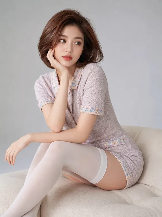 Soft fashion-beauty studio portrait of a seated young woman with short brown hair, coral lips, pale textured clothing, and white thigh-high stockings.