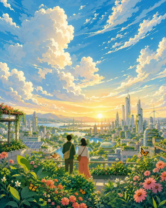 Solarpunk editorial illustration of two figures on a flower-covered rooftop garden overlooking a bright city skyline with huge clouds and butterflies.