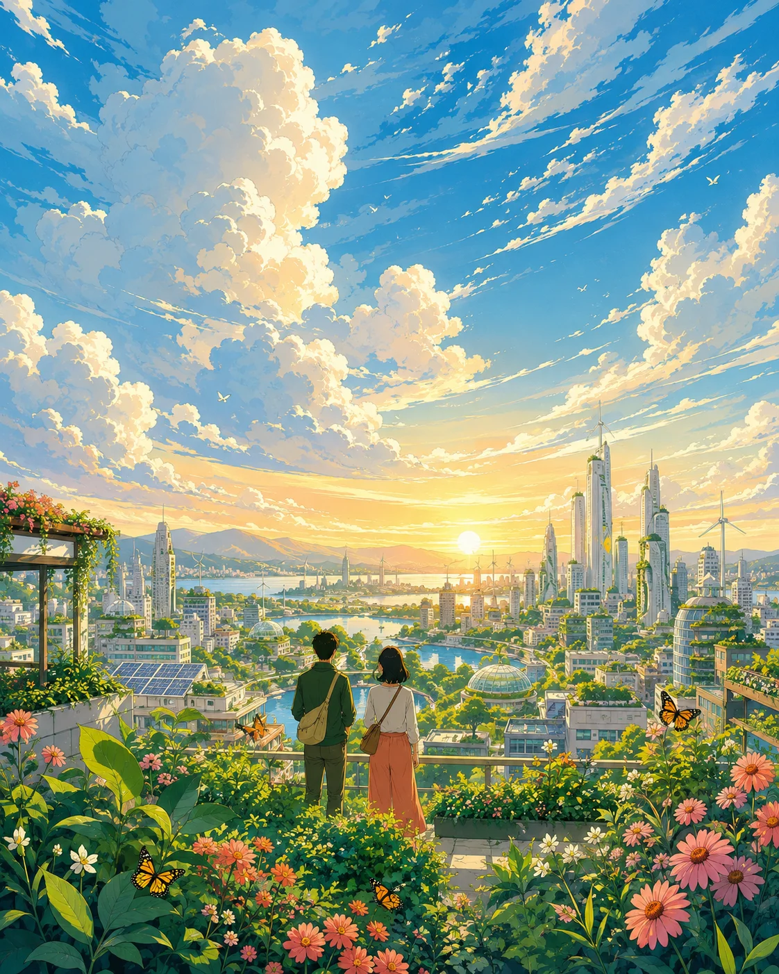 Solarpunk editorial illustration of two figures on a flower-covered rooftop garden overlooking a bright city skyline with huge clouds and butterflies.
