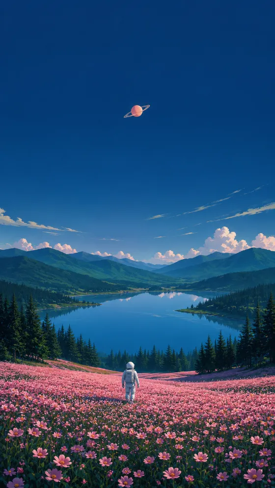 Tiny astronaut walking through a pink flower field beside a blue mountain lake beneath a ringed planet.