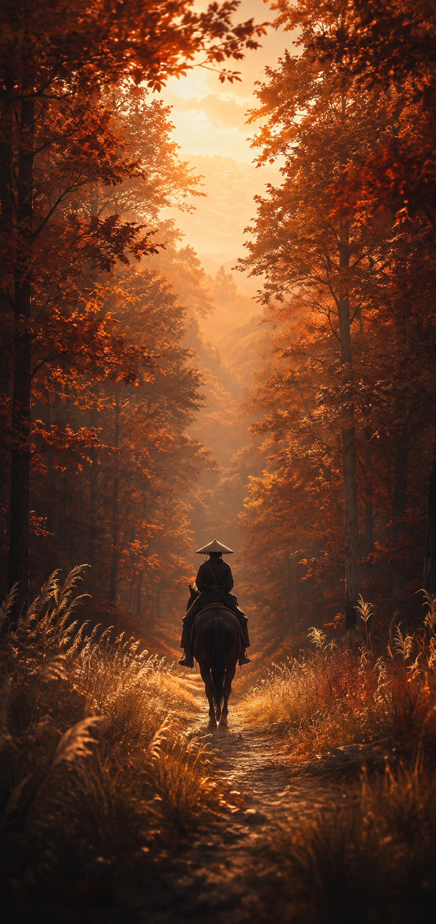 Vertical phone wallpaper showing a lone rider on a dark horse traveling through a glowing copper autumn forest.