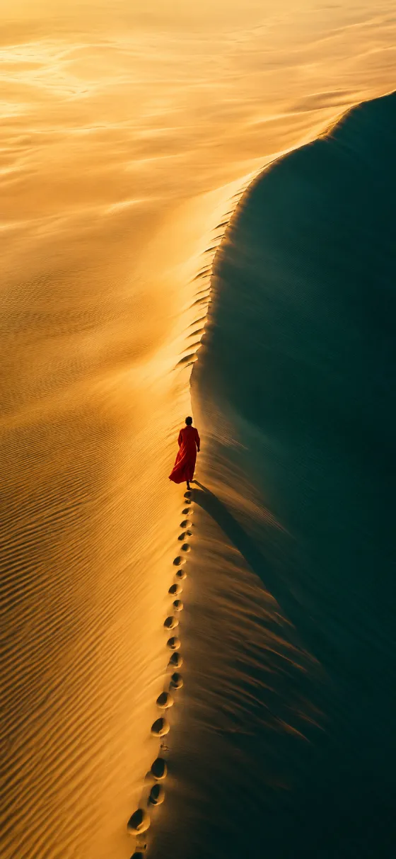 Top-down view of a lone traveler in a walking along a golden sand dune ridge with footprints and deep blue shadow.