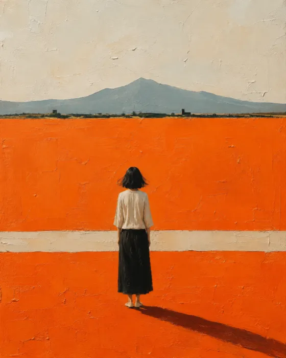 Back-facing figure in a pale blouse and black skirt standing alone across a richly textured orange landscape.