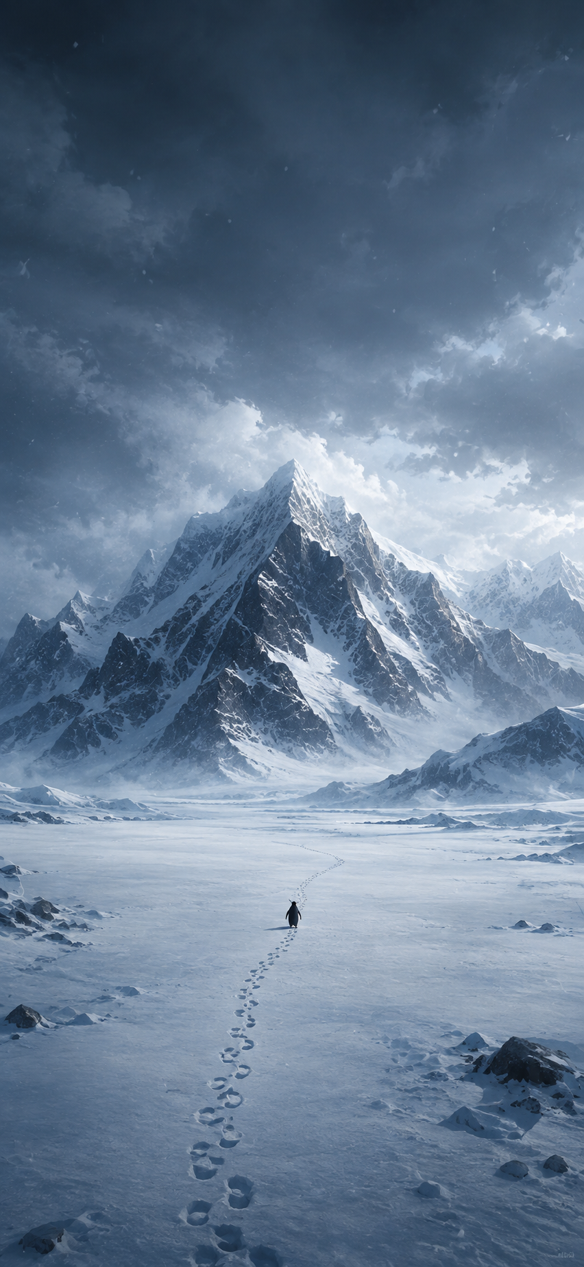 Tall winter wallpaper with a lone penguin walking across a snowy plain toward huge dark snow-covered mountains under dramatic blue-gray storm clouds.