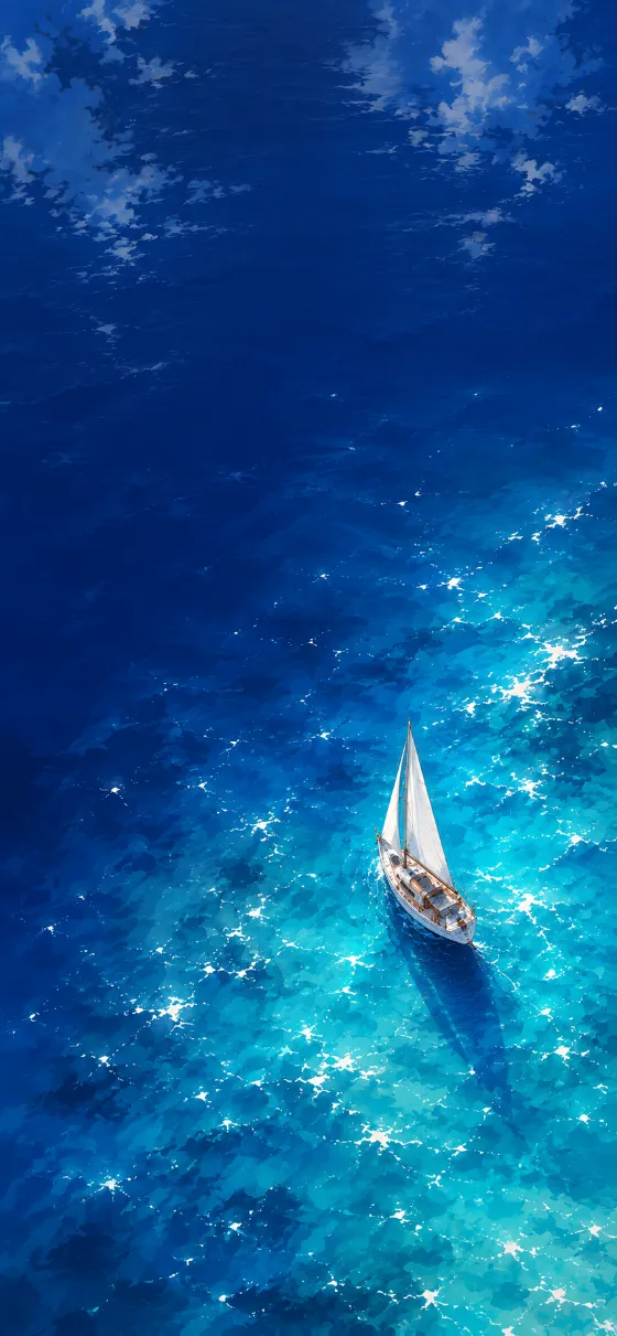 Vertical aerial wallpaper of a solitary white sailboat floating on luminous turquoise and deep blue ocean water with bright reflections.