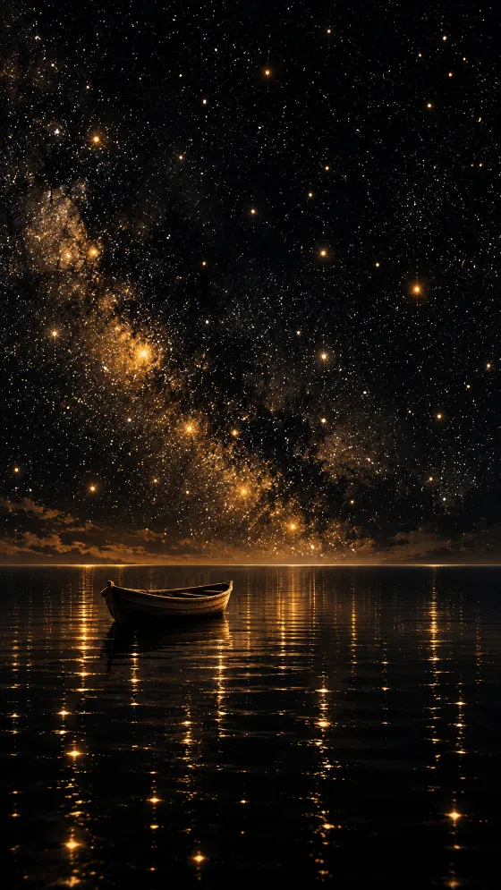 Small wooden rowboat floating on a dark calm lake beneath a dense star-filled night sky with golden reflections.