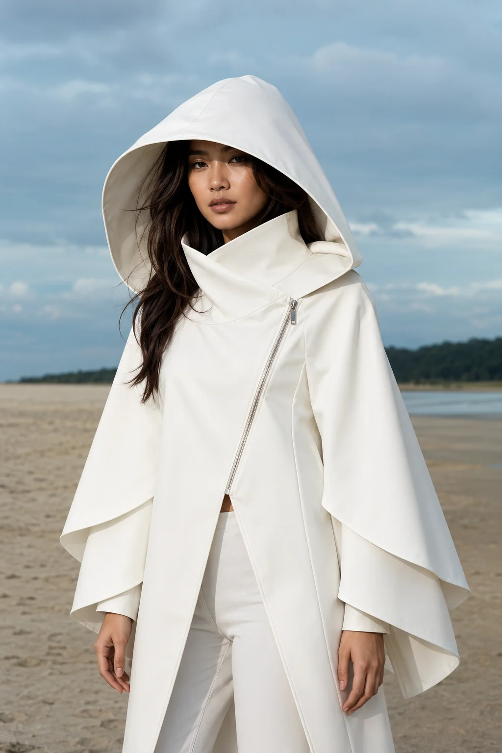 Young Southeast Asian fashion subject with golden beige skin and long butterfly layers wearing a sculptural white hooded coat on a minimal sandy shoreline.