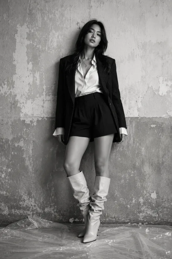 Monochrome full-body fashion portrait of a young Southeast Asian fashion subject wearing a blazer, striped blouse, shorts, and knee-high slouch boots.