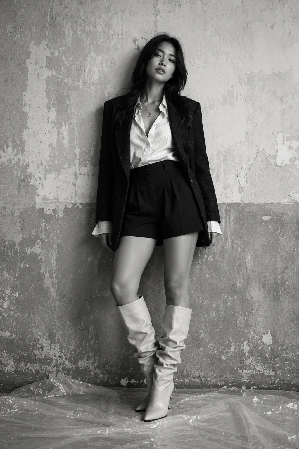 Monochrome full-body fashion portrait of a young Southeast Asian fashion subject wearing a blazer, striped blouse, shorts, and knee-high slouch boots.