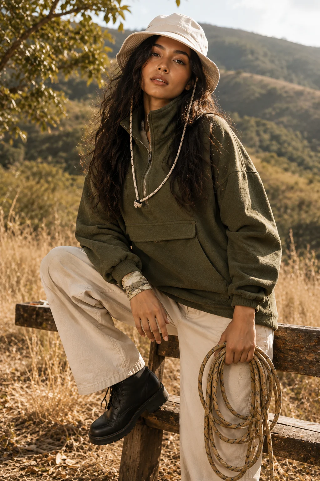 Outdoor fashion portrait of a young Southeast Asian fashion subject wearing an olive pullover jacket and bucket hat while posing with a rope bundle in a field.