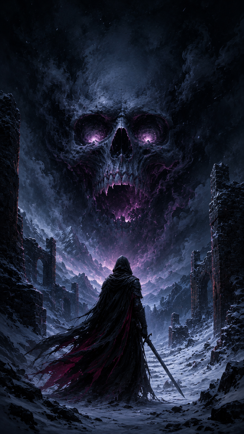Hooded warrior with sword facing a giant spectral skull above snowy ruins in dark blue fantasy scenery.
