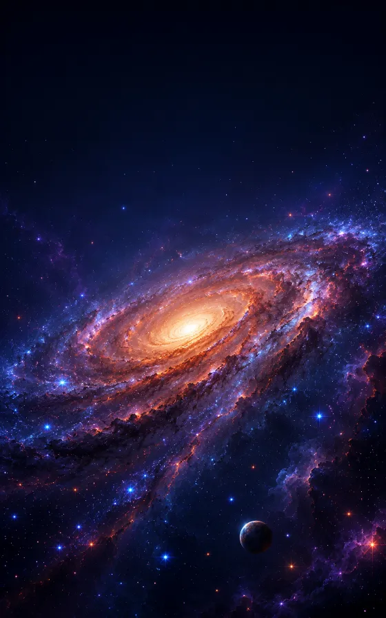 Deep-space Samsung Galaxy Tab wallpaper with a glowing spiral galaxy, orange-red dust lanes, blue stars, and a small planet-like sphere.