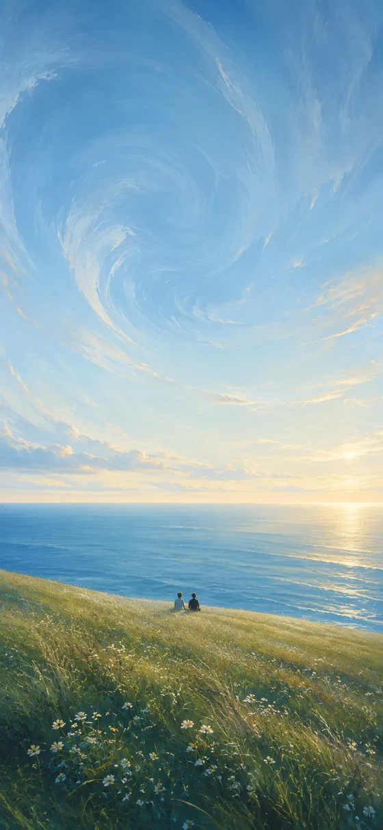 Painterly coastal landscape with a swirling blue sky, ocean horizon, grassy hill, and two distant figures.