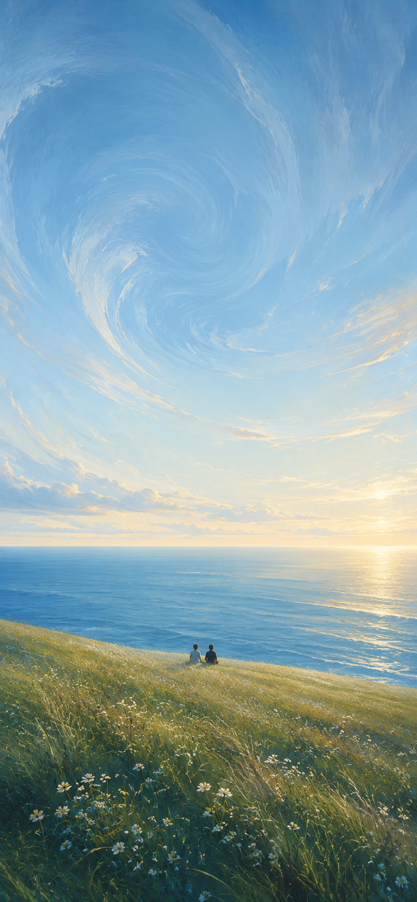 Painterly coastal landscape with a swirling blue sky, ocean horizon, grassy hill, and two distant figures.