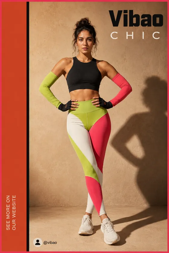 Full-body activewear fashion campaign with a warm wall, hard cast shadow and orange graphic sidebar.