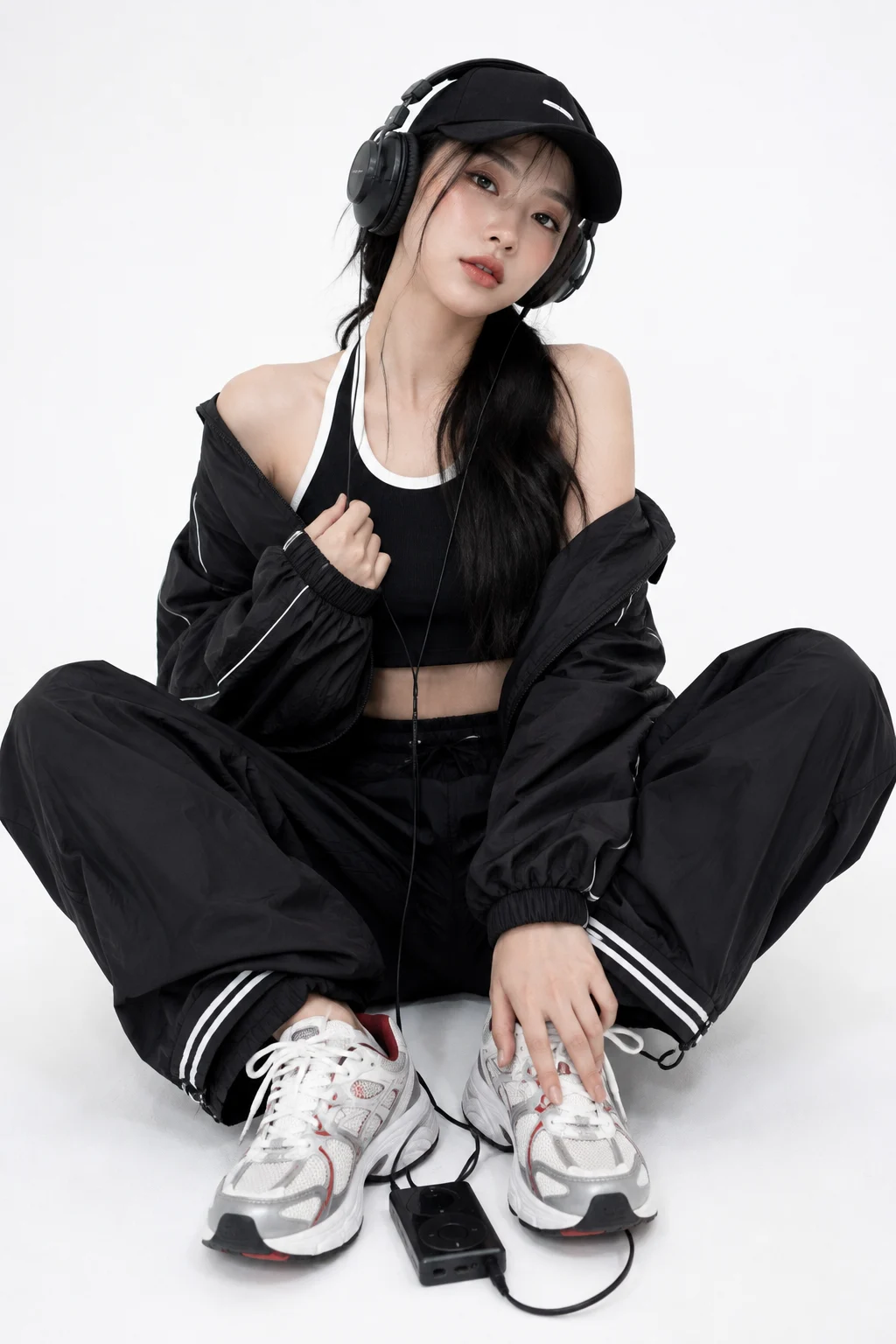 Woman with long black hair sits on a white studio floor wearing a black cap, headphones, track jacket, loose trousers, and chunky sneakers.