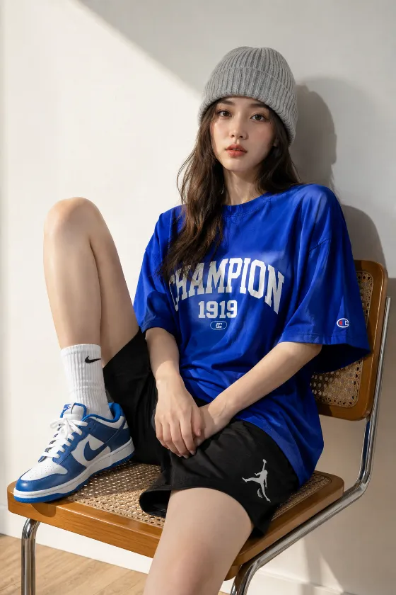 Seated fashion portrait of a subject in royal-blue athletic shirt, black shorts, gray beanie, white socks, and blue-and-white sneakers on a wooden cane chair