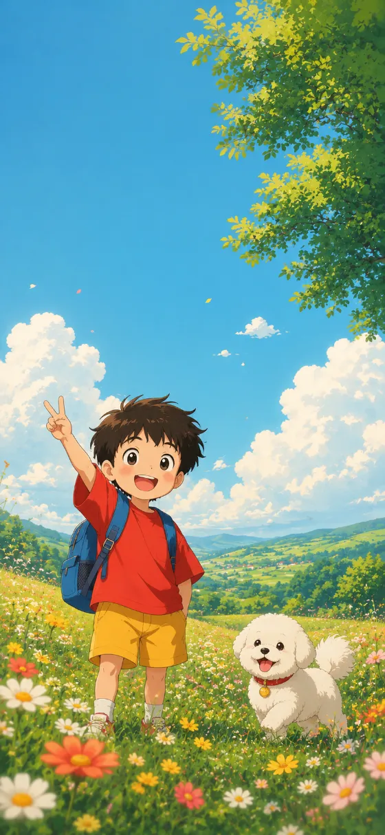 Cute anime child making a peace sign beside a small white dog in a sunny flower meadow under a blue sky.