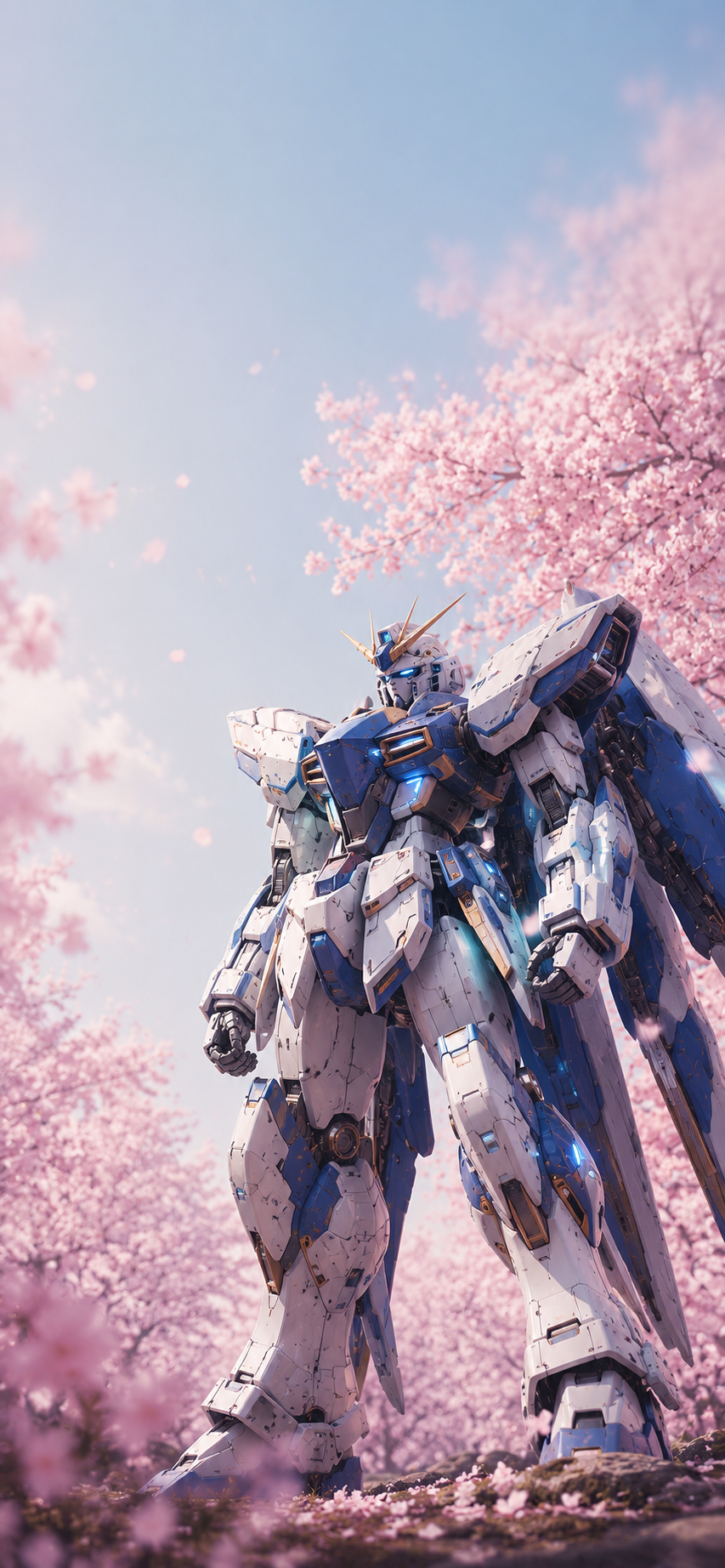 Original blue and white humanoid mecha standing beneath blooming cherry blossom trees in warm spring light.