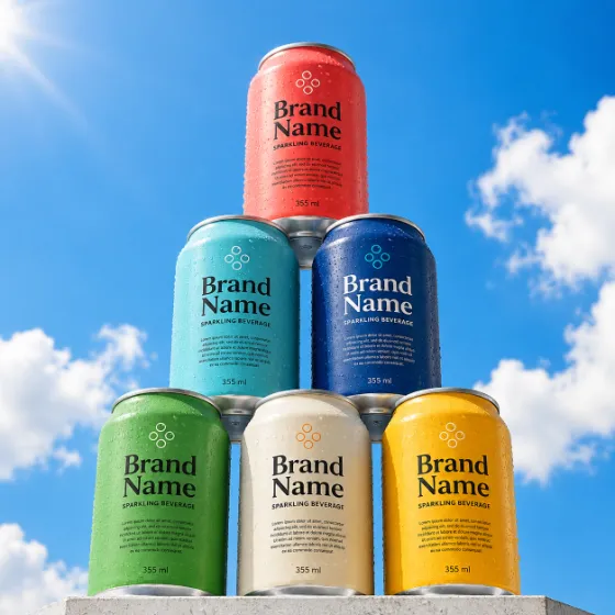 Six aluminum beverage cans stacked in a pyramid against a bright blue sky with white clouds, covered in condensation droplets, viewed from a low angle.