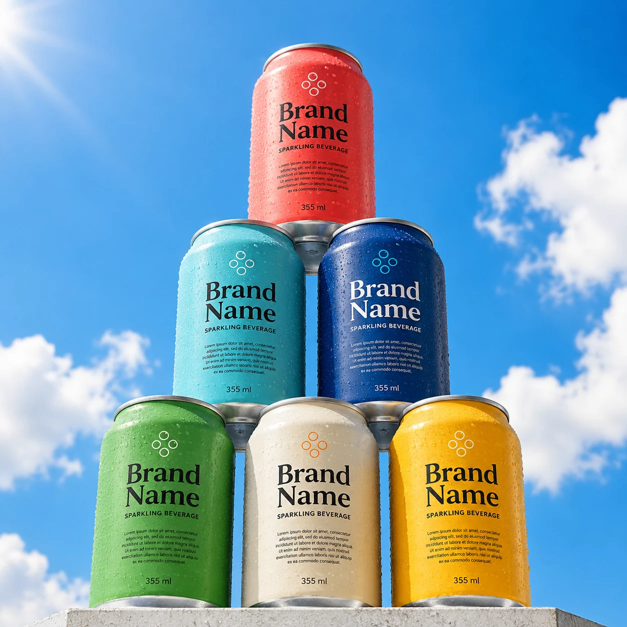 Six aluminum beverage cans stacked in a pyramid against a bright blue sky with white clouds, covered in condensation droplets, viewed from a low angle.