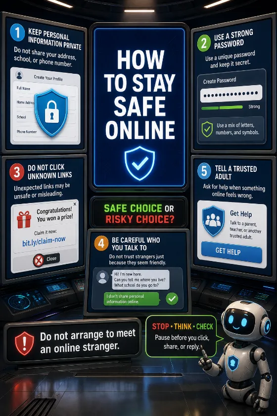 Vertical online-safety poster with five cybersecurity screens covering private information, passwords, suspicious links, unknown messages, and trusted-adult help.