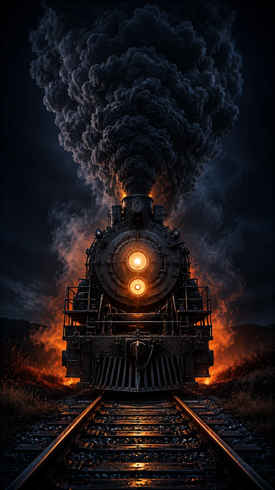 Black steam locomotive with two orange lamps on railway tracks beneath a huge tower of smoke at night.