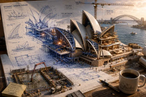 Blueprint transforming into a scene on a drafting table with steel beams, workers, cranes, and a coffee cup.