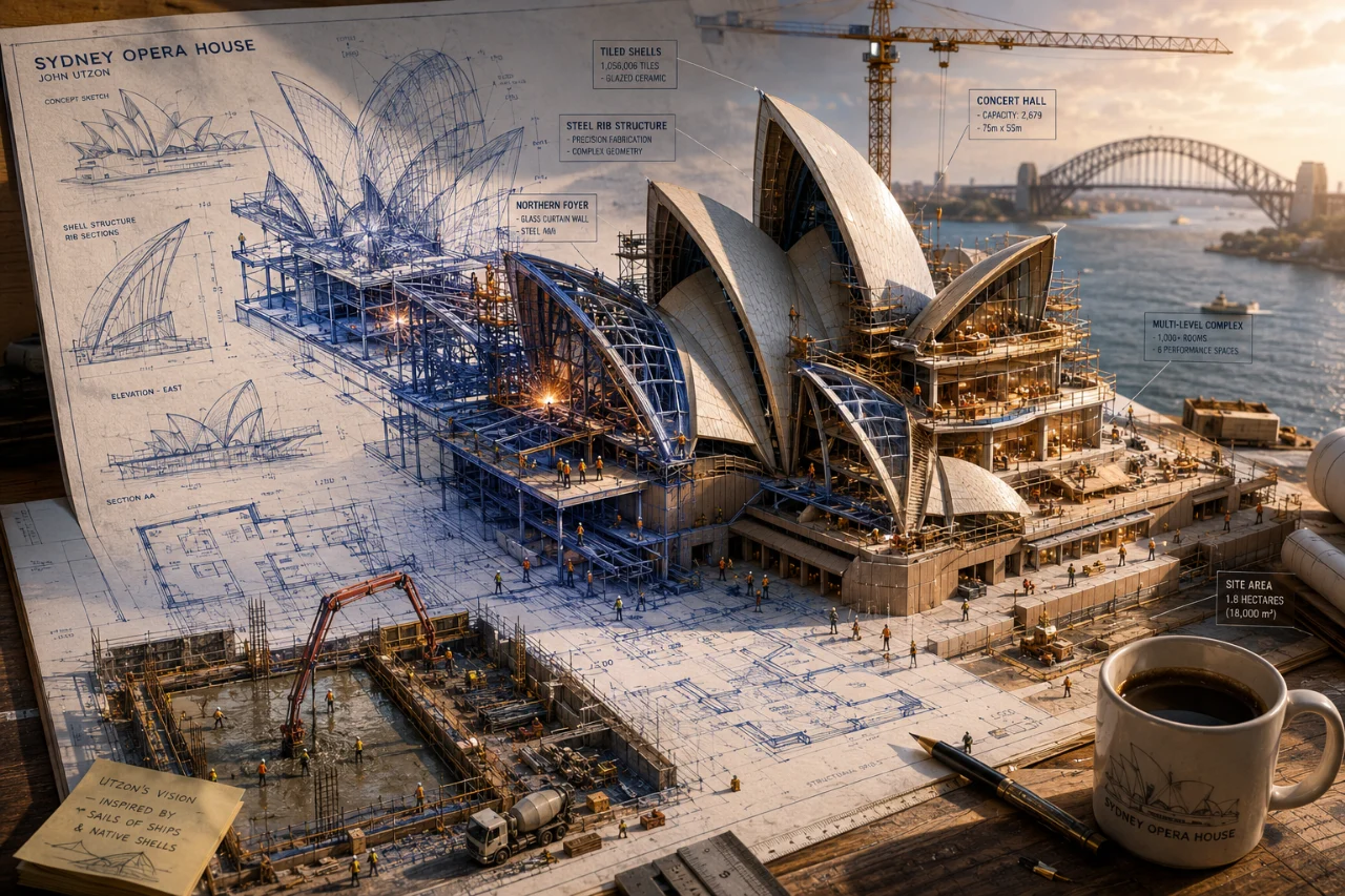 Blueprint transforming into a scene on a drafting table with steel beams, workers, cranes, and a coffee cup.