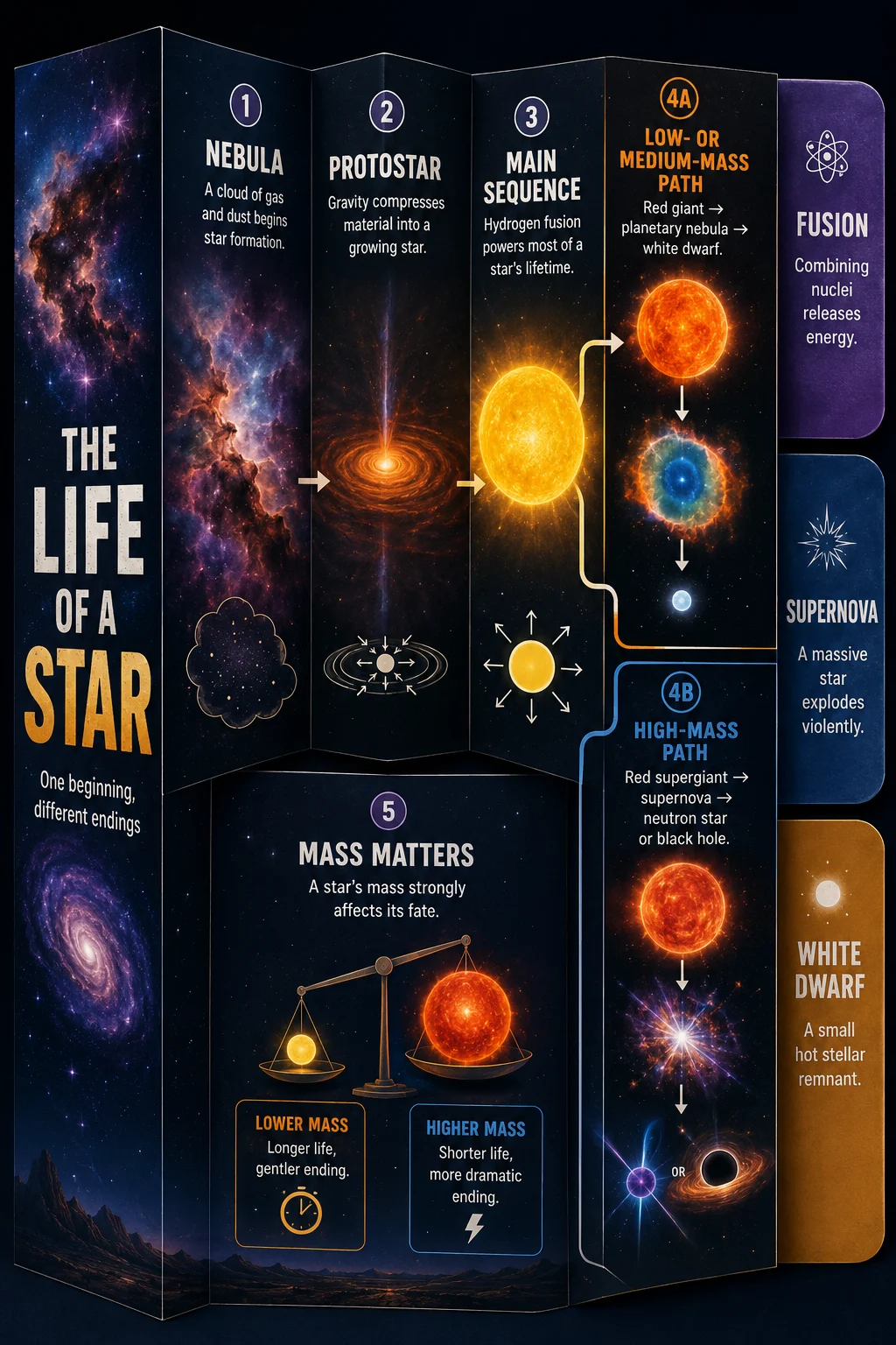 Educational stellar evolution guide with accordion panels, branching low-mass and high-mass paths, fusion, supernova, and white dwarf glossary tabs.