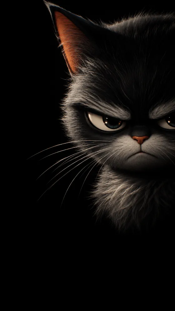 Stylized black and gray cat character in a dramatic close-up against a deep black background.