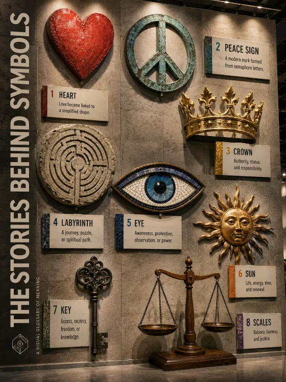 Contemporary symbol glossary with eight large sculptural icons, varied materials, neutral stone walls, museum lighting, and concise educational notes.