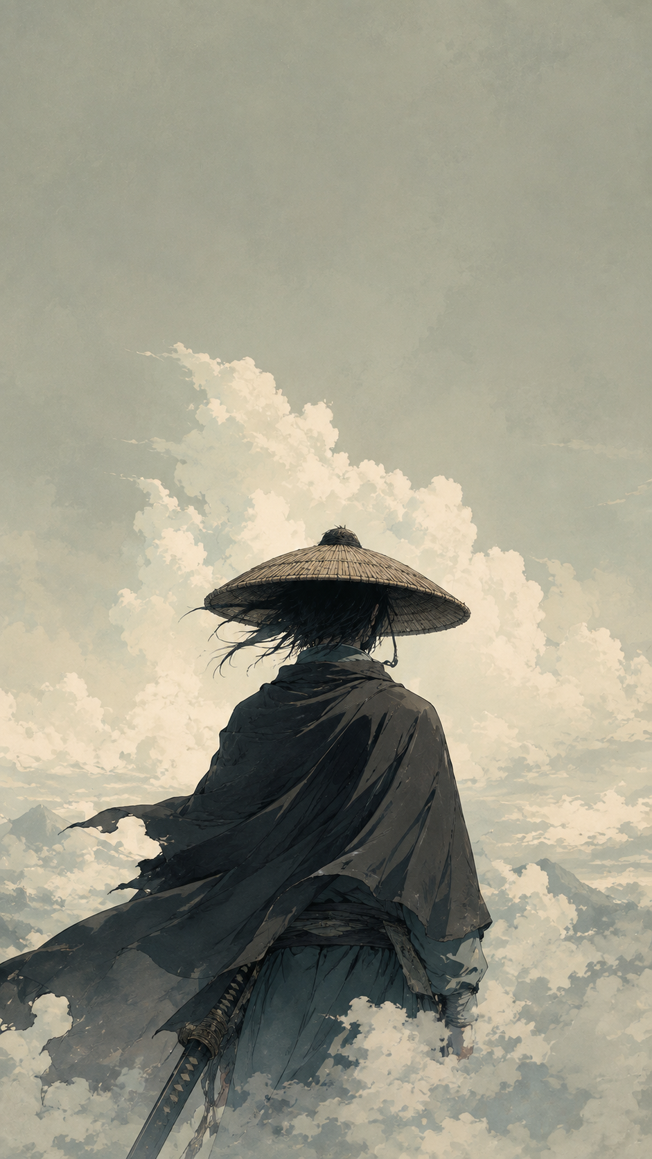 Rear-view traveler in a wide-brim straw hat standing beneath large white clouds in a muted sage-gray sky.