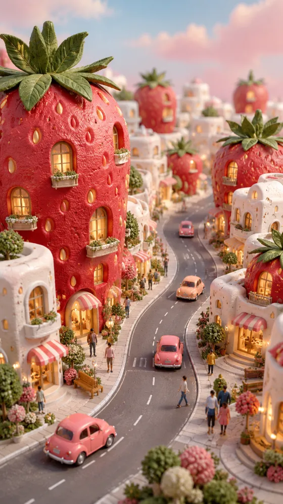 Pastel strawberry city diorama with berry towers, leafy rooftops, glowing shops, miniature people, and pink cars.