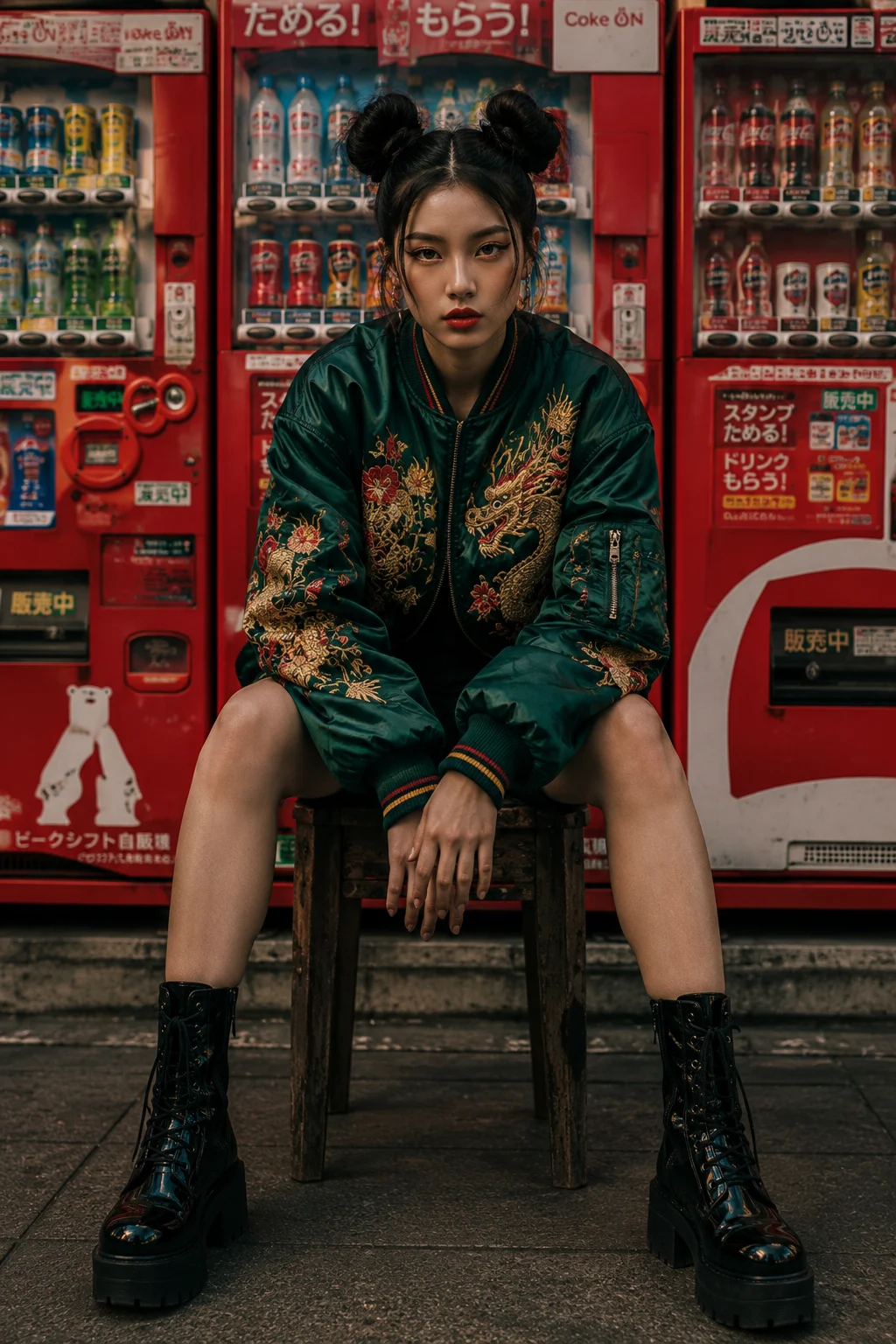 Editorial fashion portrait with emerald bomber jacket and Japanese vending machine backdrop.