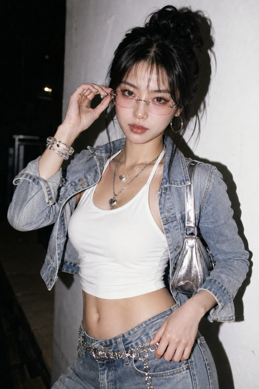 Model resting in a street, captured as a natural flash photo.