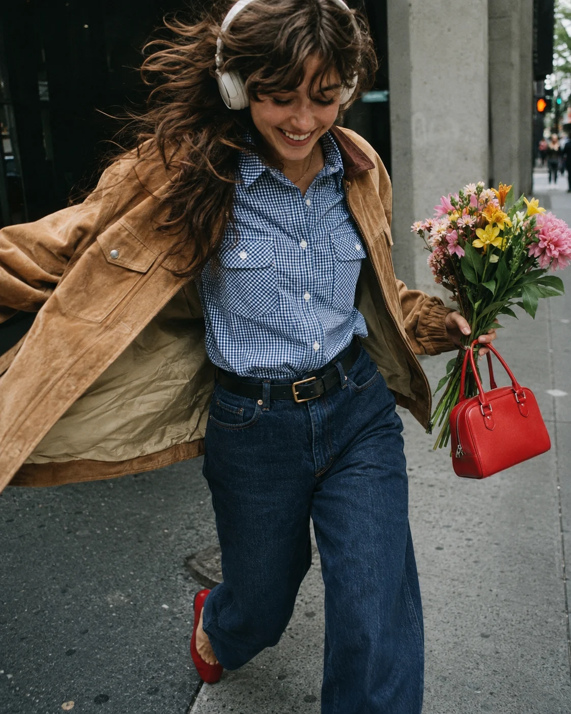 Candid street outfit with tan suede jacket, blue gingham shirt, wide-leg jeans, headphones, red bag, and flowers.