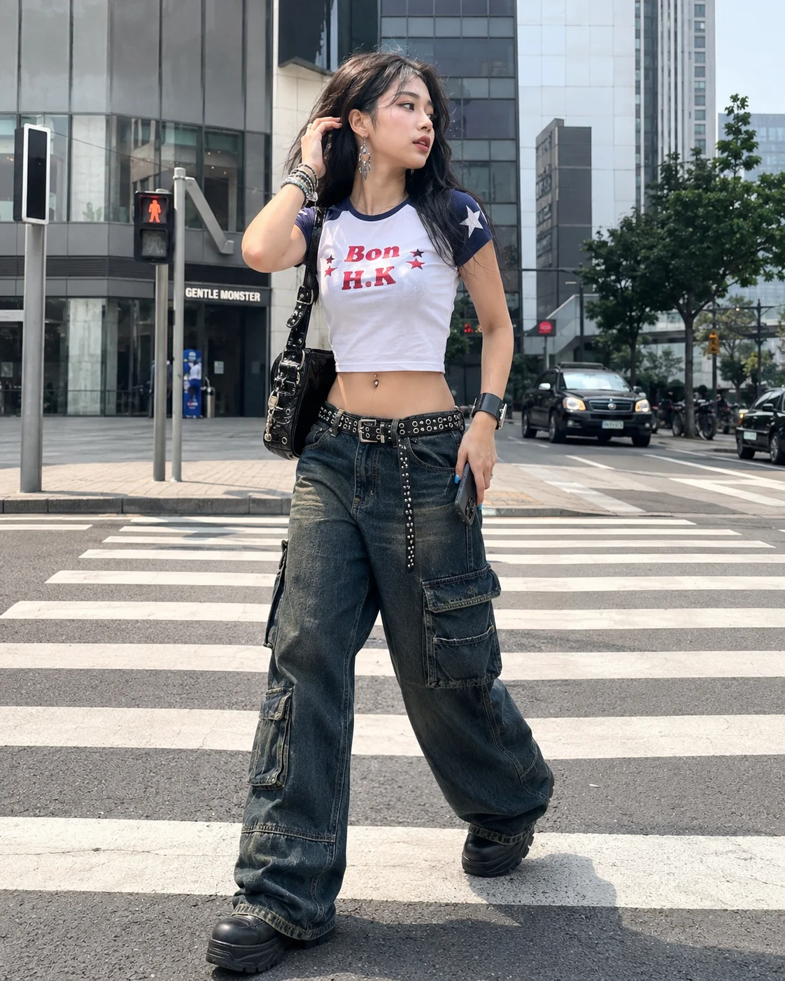 A stylish woman in a cropped shirt and wide-leg cargo jeans with accessories, posing on a crosswalk.