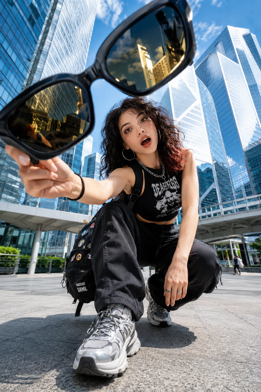 Low-angle fashion portrait with oversized sunglasses and city skyscrapers.